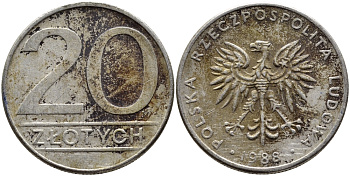 ПОЛЬША 20 ЗЛОТЫХ 1986 MW KM 153.1 медно-никель 4389-1012