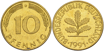 ФРГ 10 пфеннигов 1991 D KM 108, J. 383 сталь плакированная латунью 4175-837