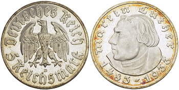 Германия 5 рейхсмарок 1933 D, 450 лет со дня рождения Мартина Лютера J. 353, KM 80 серебро PROOFLIKE 00-805-53