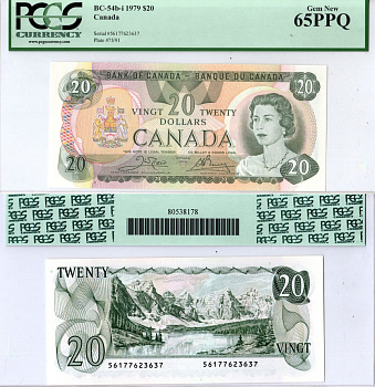 Канада 20 долларов 1979 в холдере компании PCGS. Сохранность -65, Елизавета II (1952-2022), Озеро Морейн, Скалистые горы (Альберта) Pick 93 b бумага 452-3-15