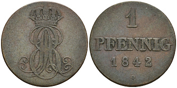 Ганновер 1 пфенниг 1842 S, Эрнст Август (1837-1851) KM 173.3, AKS 128, J. 54 медь 4608-355