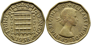 Великобритания 3 пенса 1958 Елизавета II (1952-2022) KM 900, Spink 4153 никель латунь 4390-215