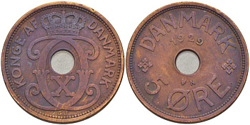 ДАНИЯ 5 ЭРЕ 1929 N ; GJ, КРИСТИАН X (1912-1947), ПАТИНА KM 828.2 бронза 38-246