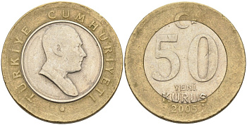 Турция 50 курушей 2005 Кемаль Ататюрк KM 1168 биметалл 4561-112