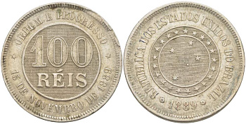 БРАЗИЛИЯ 100 РЕЙС 1889 РЕСПУБЛИКА KM 483 медно-никель 4529-535