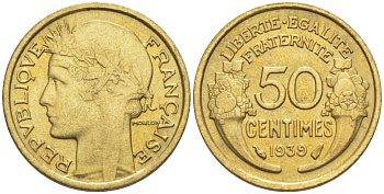 ФРАНЦИЯ 50 САНТИМОВ 1939 ТИП MORLON KM 894.1, LE FRANC 192.15 алюминиевая бронза 44-848