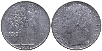 ИТАЛИЯ 100 ЛИР 1956 R, АФИНА KM 96.1 нержавеющая сталь 3334-932