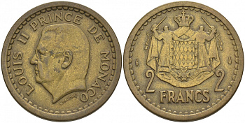 Монако 2 франка 1945 Луи II (1922-1949) KM 121а алюминиевая бронза 73-1427