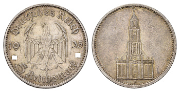 Германия 5 рейхсмарок 1935 A, 1 год нацистскому режиму, Гарнизонная церковь в Потсдаме KM 83, J. 357 серебро 633-1211