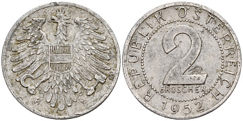 Австрия 2 гроша 1952  KM 2876 алюминий    4189-243