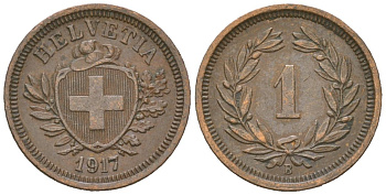 Швейцария 1 раппен 1917 B KM 3 бронза 4532-1119