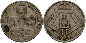 Бельгия 25 сантимов 1938 Belgique - Belgie KM 114 никель латунь 4583-843