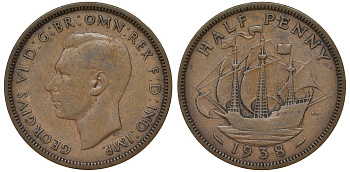 Великобритания 1/2 пенни 1938 Георг VI (1936-1952) KM 844, Spink 4115 бронза 4128-853