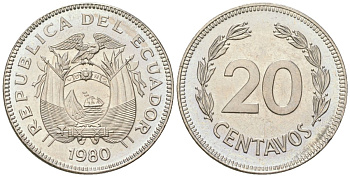 Эквадор 20 сентаво 1980 KM 77.2a сталь плакированная никелем aUNC 4611-717