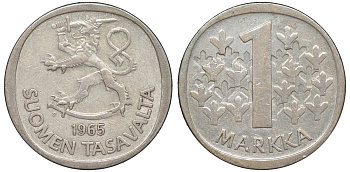 Финляндия 1 марка 1965 S KM 49 серебро 259-412