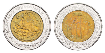 Мексика 1 песо 2005 Mo KM 603 биметалл UNC 4636-526