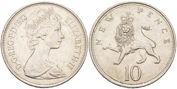 Великобритания 10 пенсов 1973 Елизавета II (1952-2022) KM 912, Spink 4231 (F1) медно-никель 3855-1224