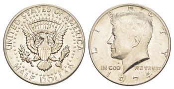 США 1/2 доллара (50 центов) 1974 Джон Кеннеди KM 202b медь плакированная медно-никелем aUNC 4536-532