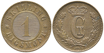ДАНИЯ 1 СКИЛЛИНГ РИГСМОНТ 1867 КРИСТИАН IX (1863-1906) KM 774 бронза 34-527