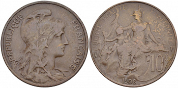 ФРАНЦИЯ 10 САНТИМОВ 1908 ТИП ДАНИЭЛЬ ДЮПЮИ KM 843, LA FRANC 136.18 бронза 3457-543