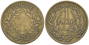 Тунис 1 франк 1921 KM 247 алюминиевая бронза 4615-926