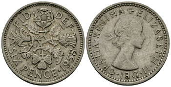 Великобритания 6 пенсов 1958 Елизавета II (1952-2022) KM 903, Spink 4149 медно-никель 4174-214