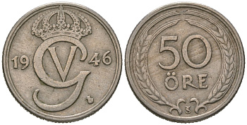 Швеция 50 эре 1946 TS, Густав V (1907-1950) KM 796 никель бронза 4621-334