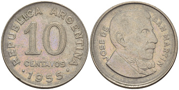 Аргентина 10 сентаво 1955 генерал Хосе де Сан Мартин KM 51 сталь плакированная никелем 66-345