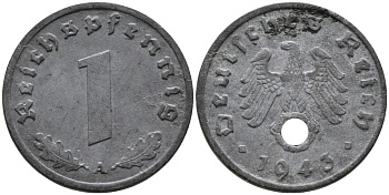 ГЕРМАНИЯ 1 РЕЙХСПФЕННИГ 1943 A KM 97, J.369 цинк 96-766