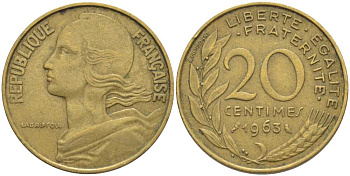 ФРАНЦИЯ 20 САНТИМОВ 1963 ТИП MARIANNE KM 930, LE FRANC 156.3 медь алюминий никель 175-811