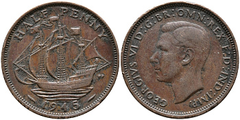 Великобритания 1/2 пенни 1945 Георг VI (1936-1952) KM 844, Spink 4115 бронза 28-855