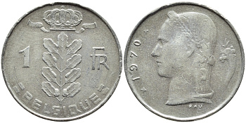 БЕЛЬГИЯ 1 ФРАНК 1970 BELGIQUE KM 142.1 медно-никель 4385-1032