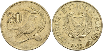 Кипр 20 центов 1985 KM 57.2 никель латунь 4140-733