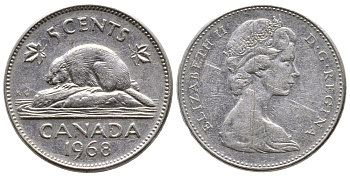 КАНАДА 5 ЦЕНТОВ 1968 ЕЛИЗАВЕТА II, БОБЕР KM 60.1 никель 4364-2346