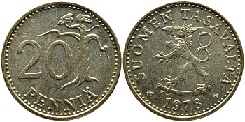 Финляндия 20 пенни 1978 K KM 47 алюминиевая бронза 259-1024