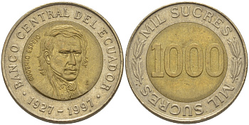 ЭКВАДОР 1000 СУКРЕ 1997 ЭУХЕНИО ЭСПЕХО, 70 ЛЕТ ЦЕНТРАЛЬНОМУ БАНКУ KM 103 биметалл 31-446