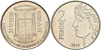 Аргентина 2 песо 2010 75 лет Центральному Банку KM 162 медно-никель UNC 08-1223