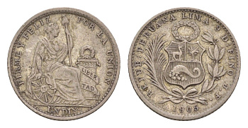 Перу 1 динеро 1905 KM 204 серебро 272-542