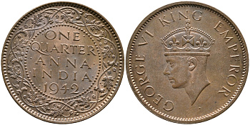 Британская Индия 1/4 анна 1942 Георг VI (1937-1952) KM 531 бронза aUNC 4364-2312