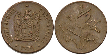 ЮАР 1/2 цента 1970 два капских воробья на ветке KM 81 бронза 66-314