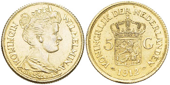 НИДЕРЛАНДЫ 5 ГУЛЬДЕНОВ 1912 КОПИЯ жёлтый металл 218-861