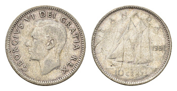 Канада 10 центов 1951 Георг VI (1936-1952), парусник KM 43 серебро 99-712