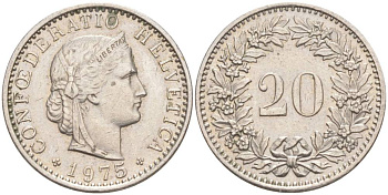 Швейцария 20 раппенов 1975 KM 29a медно-никель 55-941