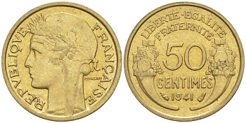 ФРАНЦИЯ 50 САНТИМОВ 1941 ТИП MORLON KM 894.1, LE FRANC 192.18 алюминиевая бронза 44-452