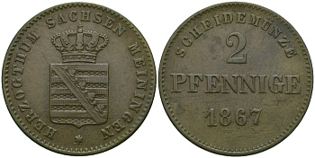 Саксен-Мейнинген 2 пфеннига 1867 Георг II (1866-1914) KM 174 медь 99-651