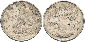 Зимбабве 10 центов 1992 птица-идол, баобаб KM 3 медно-никель 116-1069
