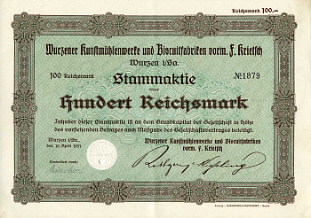 Германия 100 рейхсмарок 1931 Художественные фабрики Вюрцена и бисквитные фабрики, в частности, им. Ф. Критча, им. Вюрцена и др., зеленая, акция   бумага  8801-50-1