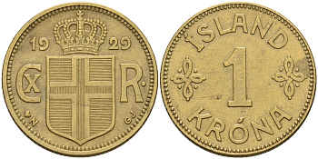 Исландия 1 крона 1929 N-GJ, Кристиан X (1912-1944) KM 3.1 алюминиевая бронза 93-432