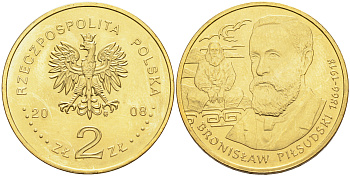 Польша 2 злотых 2008 серия польские путешественники, Бронислав Пилсудский (1866-1918) KM 648 латунь UNC 4589-411