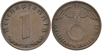 Германия 1 рейхспфенниг 1939 F KM 89, J. 361 бронза 4147-1214